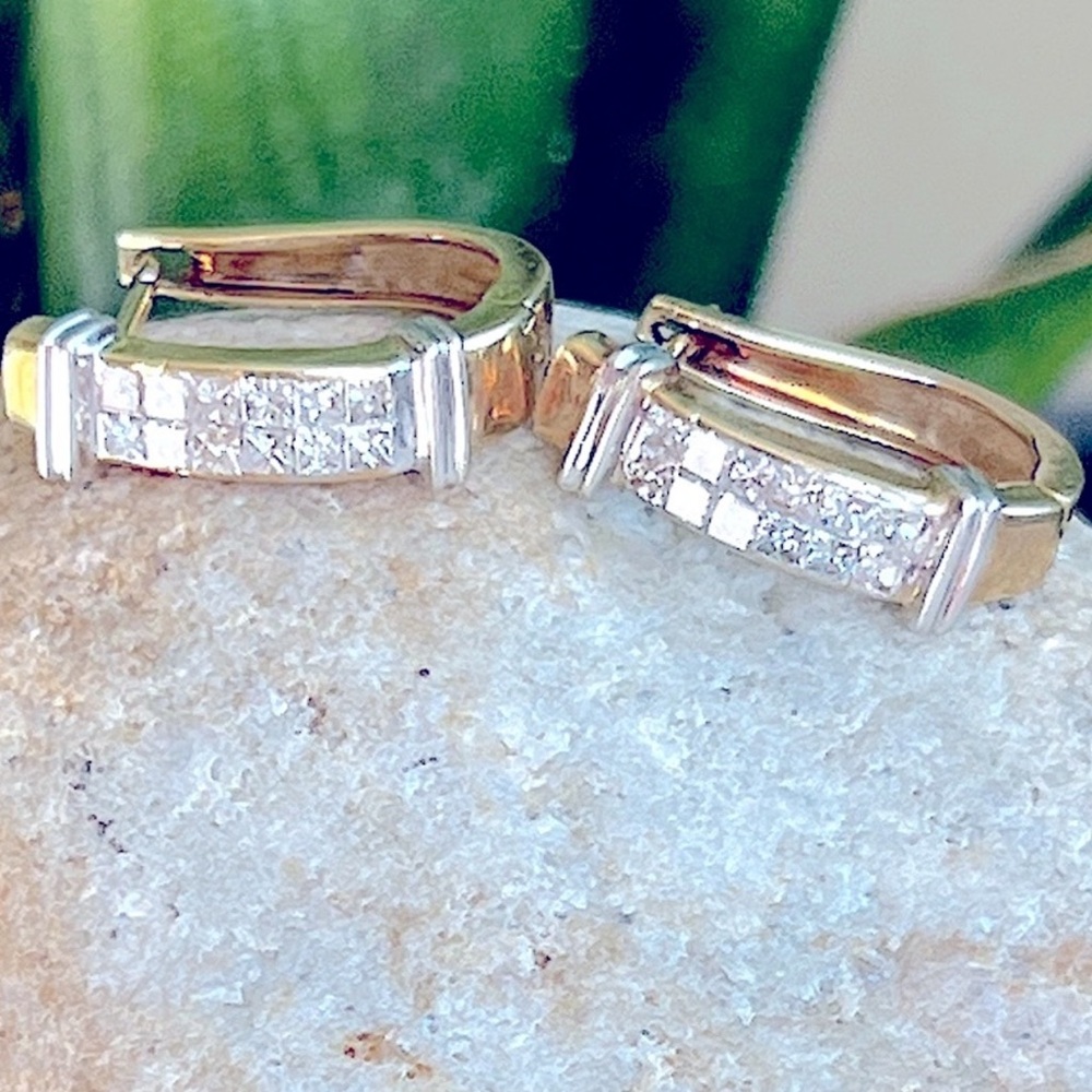 14 karat gold and princess cut diamond Hoop Earrings